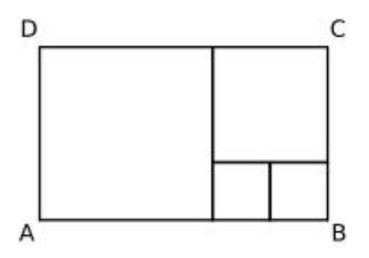 Retângulo ABCD decomposto em quatro quadrados: um maior à esquerda, um médio no canto superior direito e dois quadrados menores adjacentes no canto inferior direito.