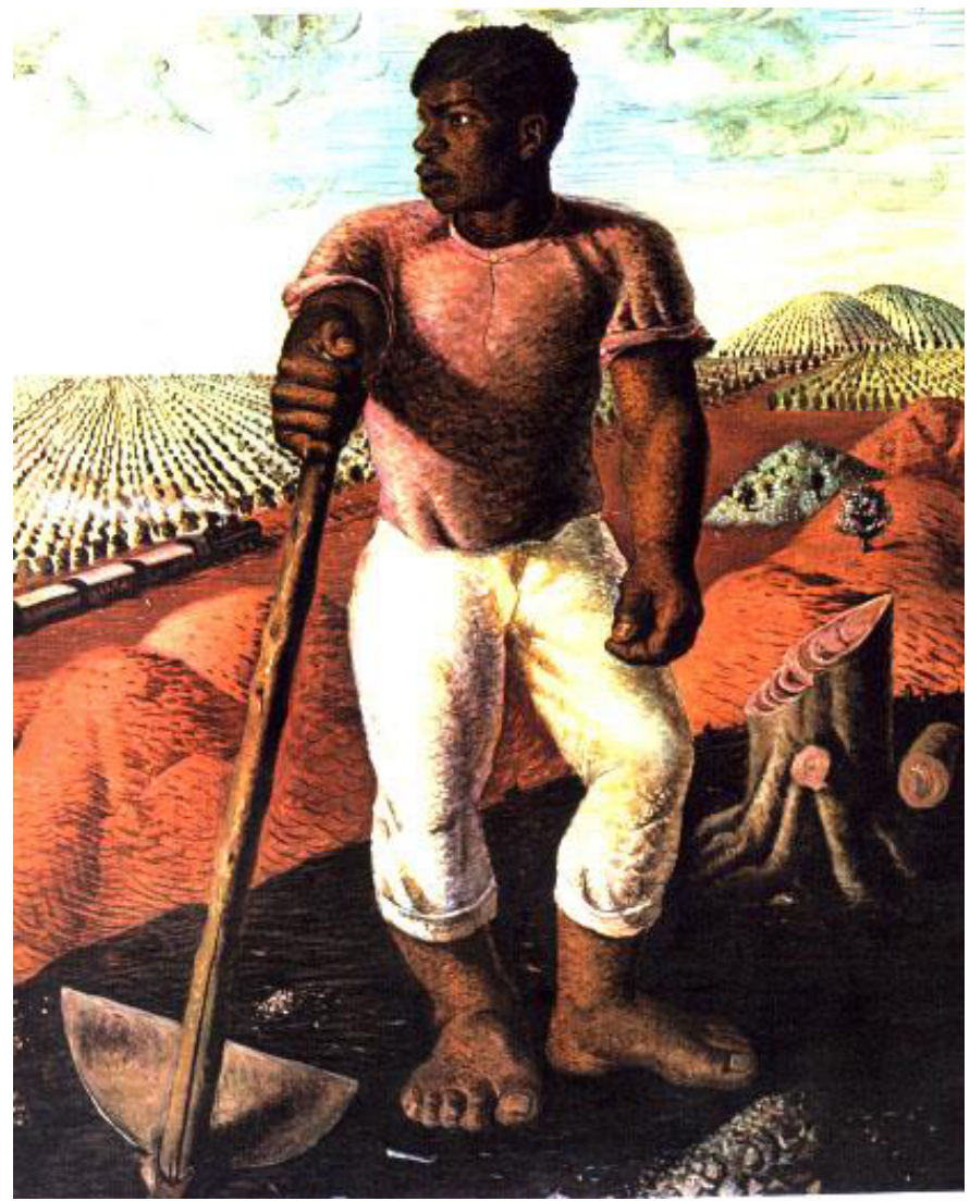 Pintura a óleo "Lavrador de Café", de Cândido Portinari, retratando um homem negro de calça branca e camisa rosa segurando uma enxada, com mãos e pés grandes e descalços, em meio a uma plantação de café com morros ao fundo, um trem passando ao longe à esquerda e um toco de árvore cortada à direita.