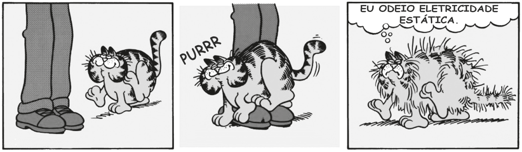 Tirinha em três quadrinhos do gato Garfield. No primeiro quadrinho, Garfield caminha em direção às pernas de uma pessoa. No segundo, esfrega seu corpo na calça da pessoa ronronando "PURRR". No terceiro, afasta-se com todos os pelos do corpo arrepiados, pensando: "EU ODEIO ELETRICIDADE ESTÁTICA."