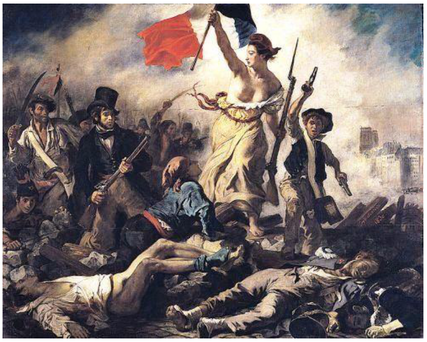Pintura "A Liberdade guiando o povo" (1830), de Eugène Delacroix, representando a alegoria da Liberdade como uma mulher empunhando a bandeira tricolor francesa e um fuzil com baioneta sobre uma barricada com corpos caídos, seguida por combatentes armados de diferentes classes sociais.