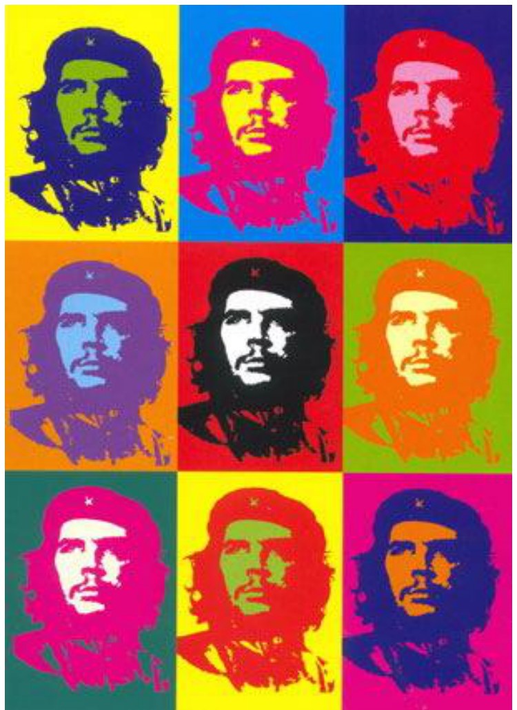 Composição artística em estilo Pop Art com nove repetições do famoso retrato de Che Guevara de boina, dispostas em uma grade de três linhas por três colunas, cada uma com uma combinação distinta de cores vibrantes e contrastantes.