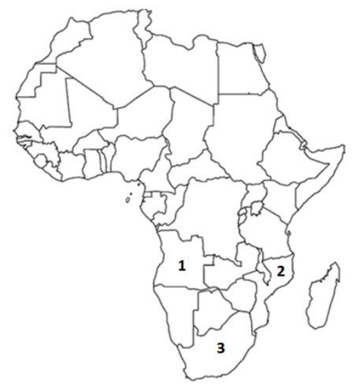 Mapa político do continente africano com os países delimitados por linhas pretas sobre fundo branco. Três nações estão numeradas: 1 indica a Angola, 2 indica Moçambique e 3 indica a África do Sul.