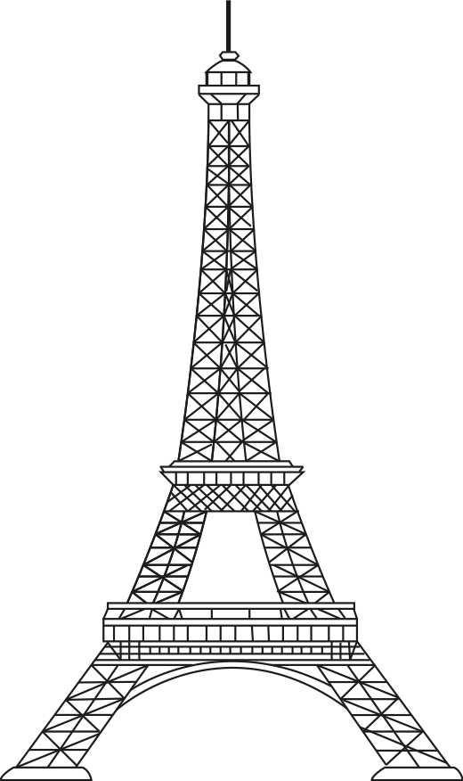 Desenho esquemático em preto e branco da Torre Eiffel, mostrando sua estrutura de treliças metálicas, os arcos da base e as plataformas intermediárias até o topo com a antena.