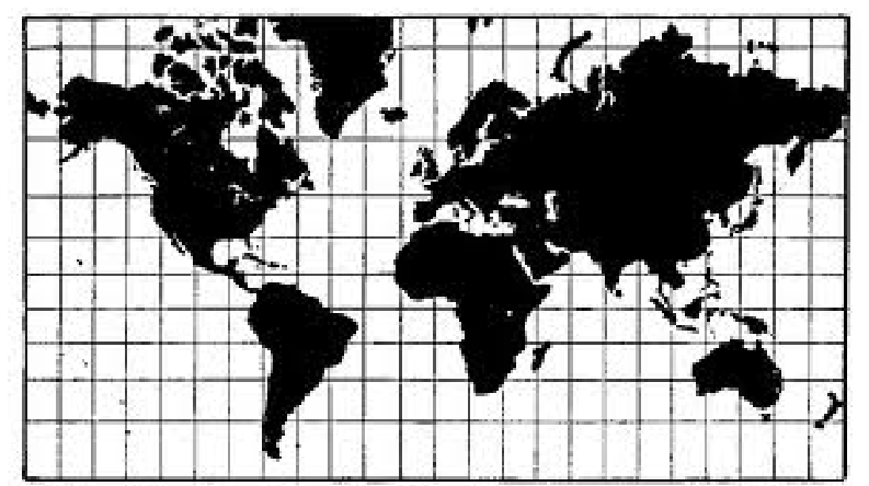 F1 Mapa-múndi na projeção de Mercator com quadrícula de meridianos e paralelos retos perpendiculares entre si.