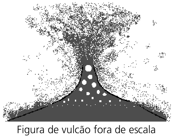 Ilustração esquemática de um vulcão fora de escala em erupção. Na chaminé vulcânica, em coloração escura representando o magma, bolhas circulares brancas representando o gás aumentam gradativamente de tamanho à medida que sobem em direção à cratera e à nuvem eruptiva.