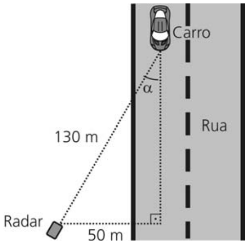 F1 Esquema visto de cima mostrando a rua com uma faixa tracejada no meio, um carro e um radar posicionado fora da pista. Uma linha tracejada de 130 m liga o radar ao carro, e outra de 50 m liga o radar perpendicularmente à linha de tráfego do carro, formando um triângulo retângulo com ângulo alfa no vértice do carro.