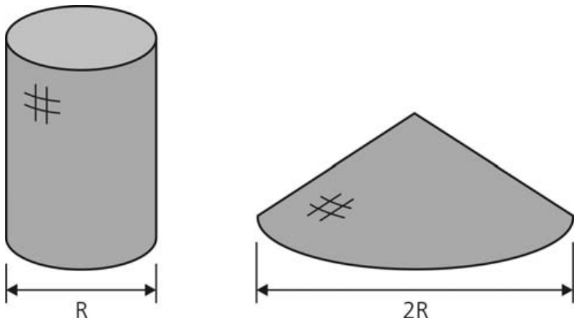 F1 Ilustração de dois sólidos geométricos cinzas: à esquerda, um cilindro com seta indicando a largura da base como R; à direita, um cone com seta indicando a largura da base como 2R.