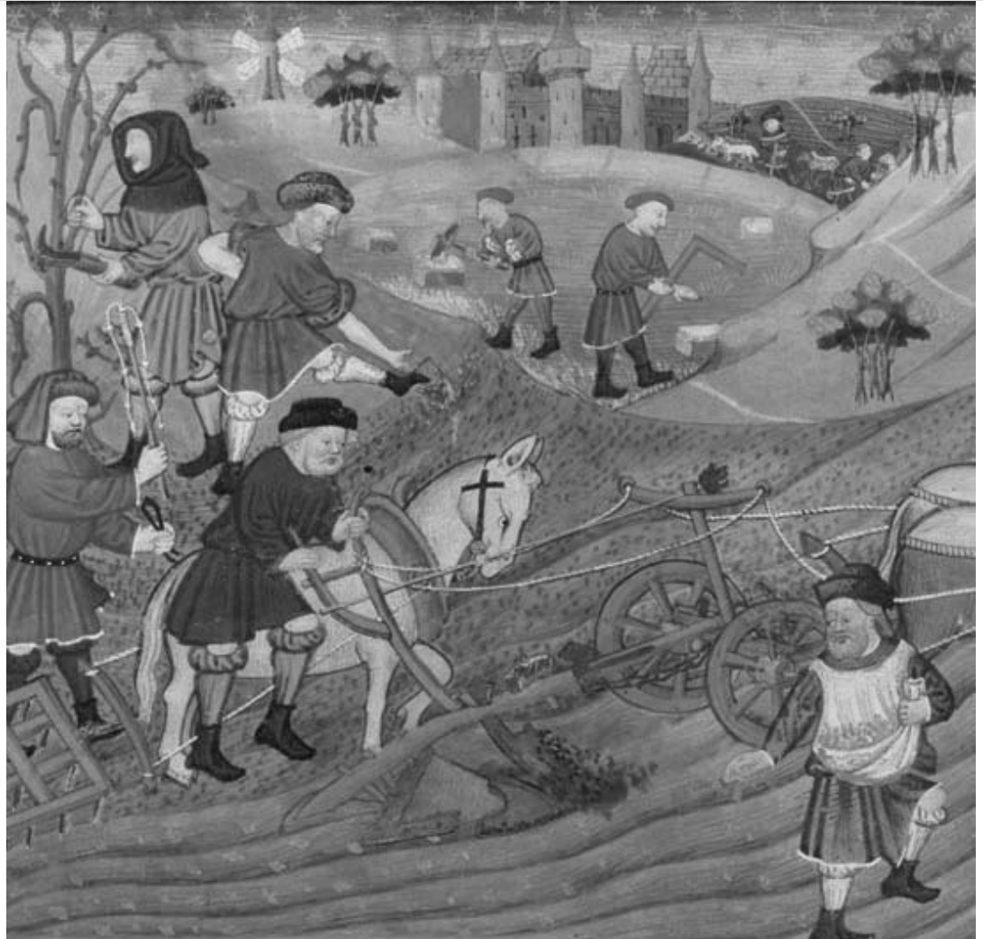 Pintura medieval mostrando camponeses trabalhando no campo com arado puxado por cavalo em primeiro plano e outras atividades agrícolas ao fundo, diante de um castelo fortificado.