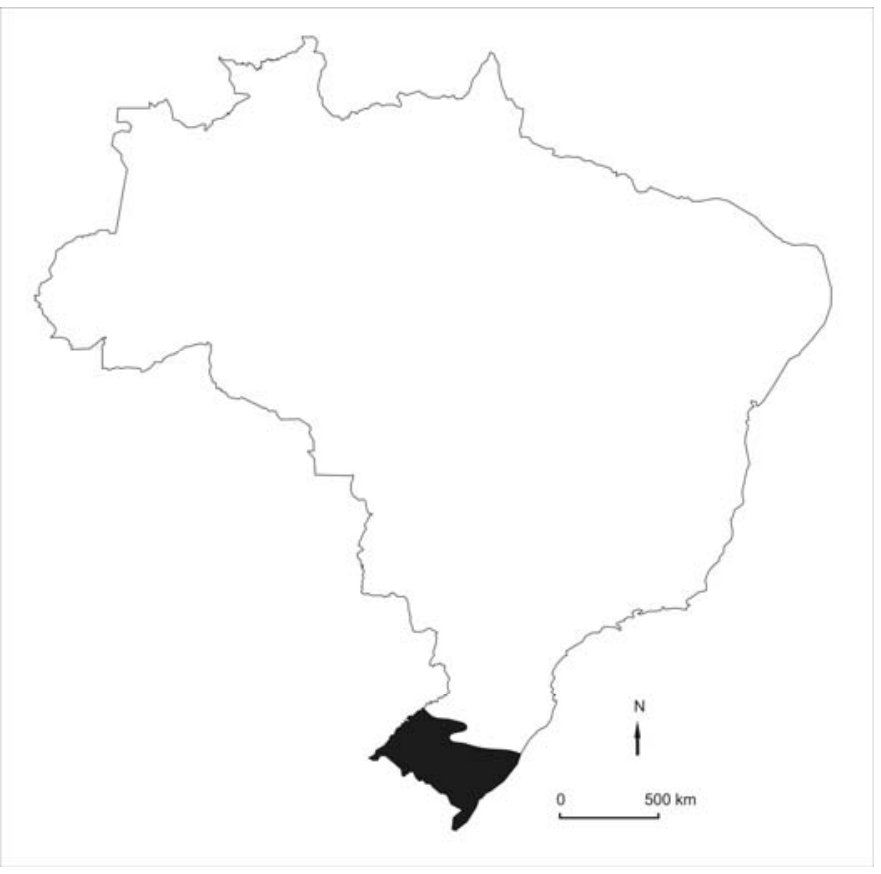 Mapa do Brasil destacando em preto a área de ocorrência do bioma Pampa no sul do Rio Grande do Sul, acompanhado de orientação norte e escala gráfica de 0 a 500 km.
