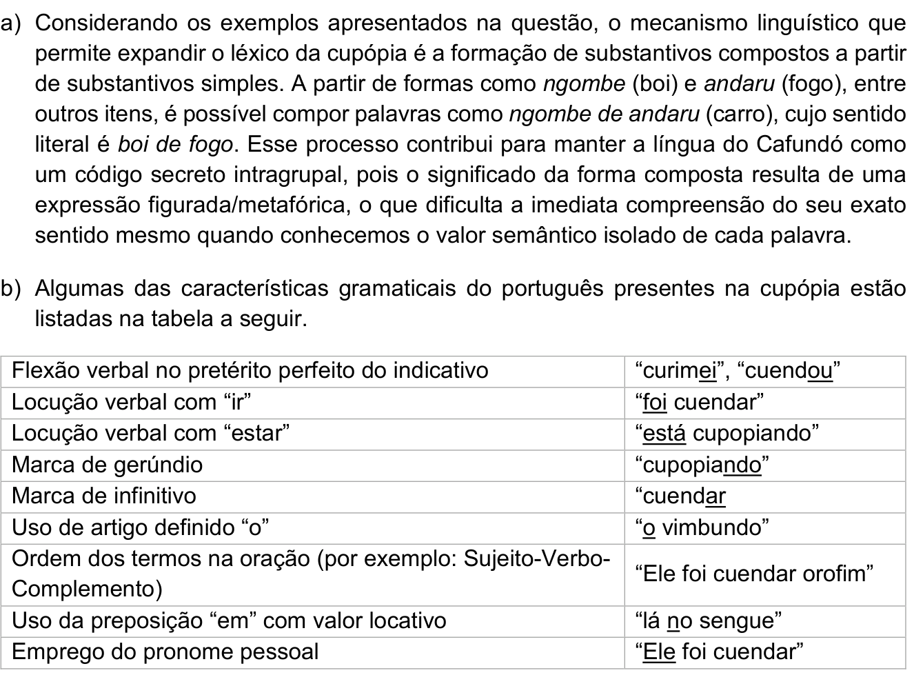 Resposta esperada no documento da Comvest