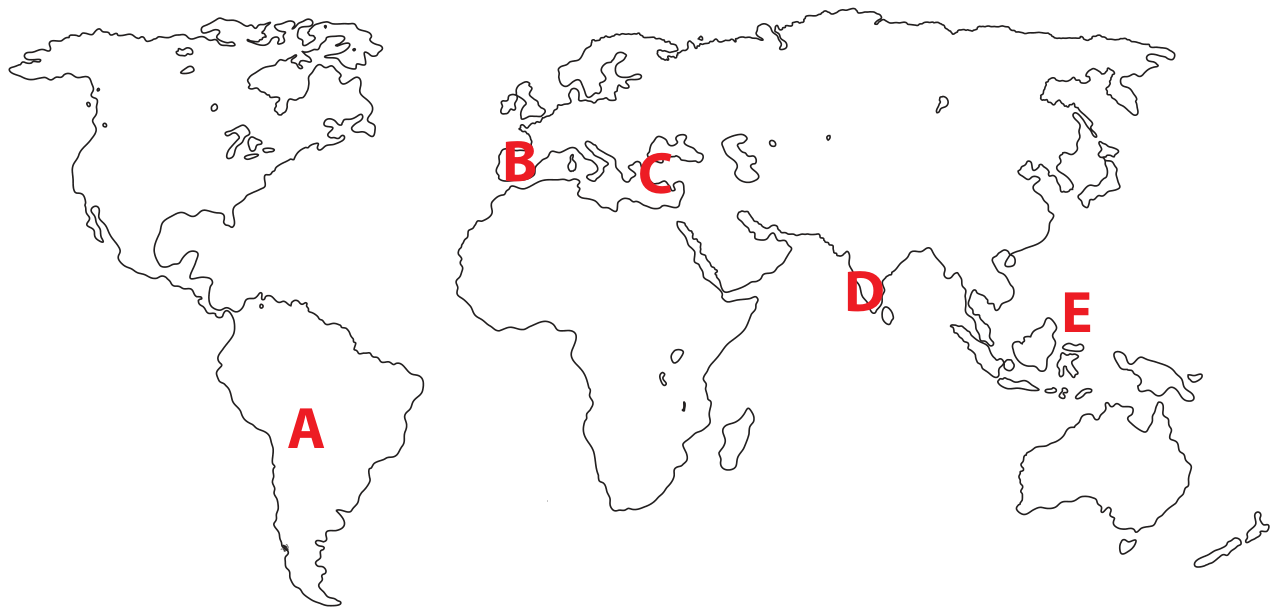 Mapa-múndi mudo em contorno com as letras indicativas: A na América do Sul (Bolívia), B na Península Ibérica (Espanha), C na passagem entre Europa e Ásia Menor (Turquia), D na Península Itálica/costa ocidental da Índia e E no arquipélago das Filipinas.