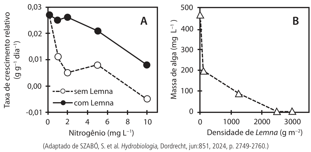 Gráfico A: Taxa de crescimento relativo em função do teor de Nitrogênio com e sem Lemna. Gráfico B: Massa de alga em função da densidade de Lemna.