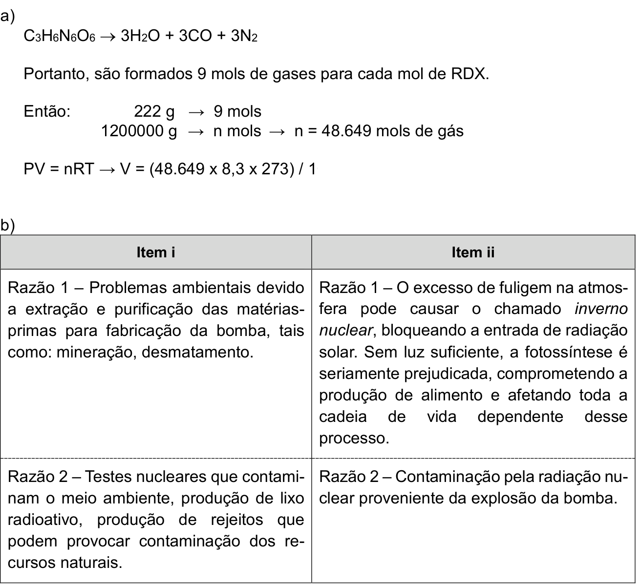 Resposta esperada no documento da Comvest