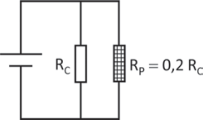 Circuito elétrico contendo uma fonte de corrente contínua ligada em paralelo a um resistor de resistência R_C e a um resistor de proteção R_P = 0,2 R_C.