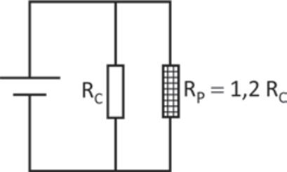 Circuito elétrico contendo uma fonte de corrente contínua ligada em paralelo a um resistor de resistência R_C e a um resistor de proteção R_P = 1,2 R_C.