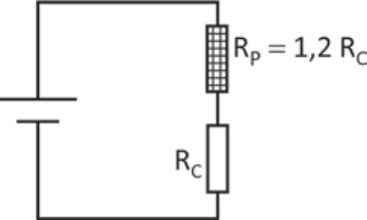 Circuito elétrico contendo uma fonte de corrente contínua ligada em série a um resistor de proteção R_P = 1,2 R_C e a um resistor de resistência R_C.