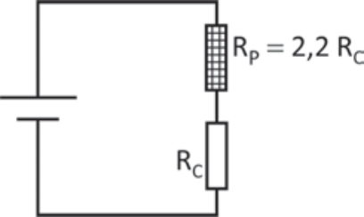 Circuito elétrico contendo uma fonte de corrente contínua ligada em série a um resistor de proteção R_P = 2,2 R_C e a um resistor de resistência R_C.