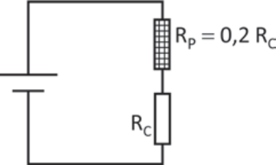 Circuito elétrico contendo uma fonte de corrente contínua ligada em série a um resistor de proteção R_P = 0,2 R_C e a um resistor de resistência R_C.