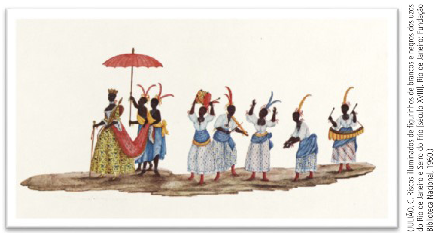 Pintura em aquarela de Carlos Julião retratando um cortejo com oito mulheres negras: à esquerda, uma rainha coroada em trajes nobres segura um cetro sob uma sombrinha vermelha sustentada por uma aia, com manto longo carregado por outra aia; à frente seguem cinco mulheres descalças dançando e tocando instrumentos como tamboril, flauta ou apito e marimba portátil, todas usando penas na cabeça.