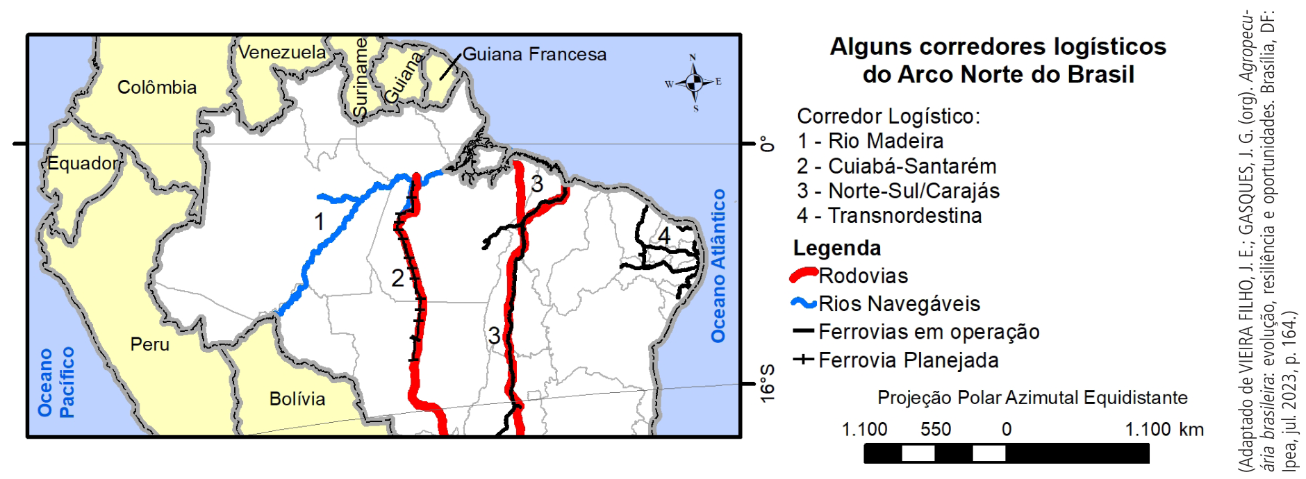 Mapa intitulado "Alguns corredores logísticos do Arco Norte do Brasil", destacando os quatro corredores logísticos: 1 - Rio Madeira (via fluvial), 2 - Cuiabá-Santarém (rodovia e ferrovia planejada), 3 - Norte-Sul/Carajás (rodovia e ferrovias em operação) e 4 - Transnordestina (ferrovia em operação). Na lateral direita, consta a fonte bibliográfica na vertical.