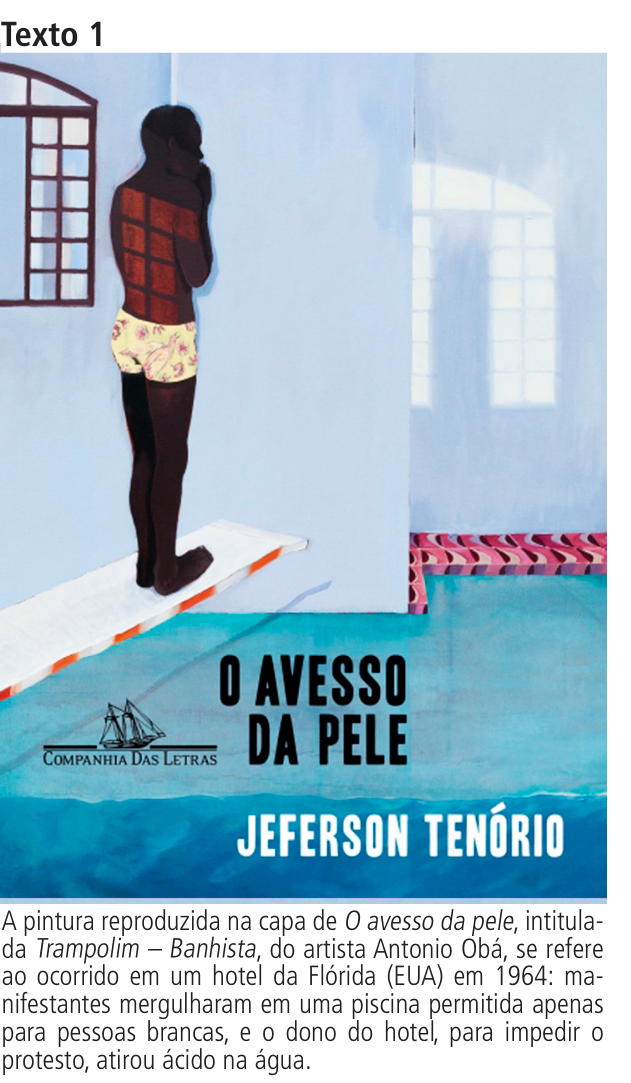 Texto 1: Capa do livro "O avesso da pele", de Jeferson Tenório, com a pintura "Trampolim – Banhista", de Antonio Obá, acompanhada de legenda explicativa.