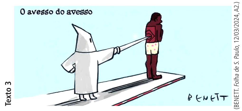 Texto 3: Charge de Benett intitulada "O avesso do avesso", mostrando um membro da Ku Klux Klan esfaqueando pelas costas o homem negro sobre o trampolim.