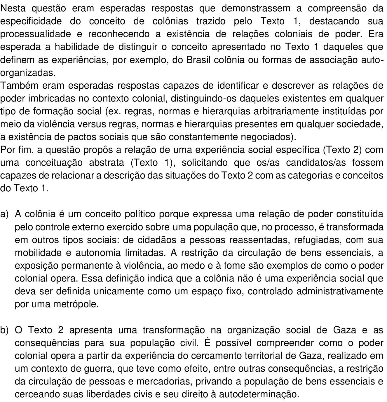 Resposta esperada no documento da Comvest