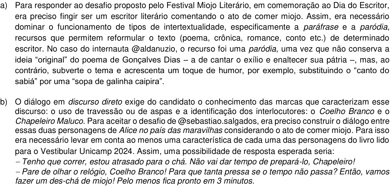 Resposta esperada no documento da Comvest