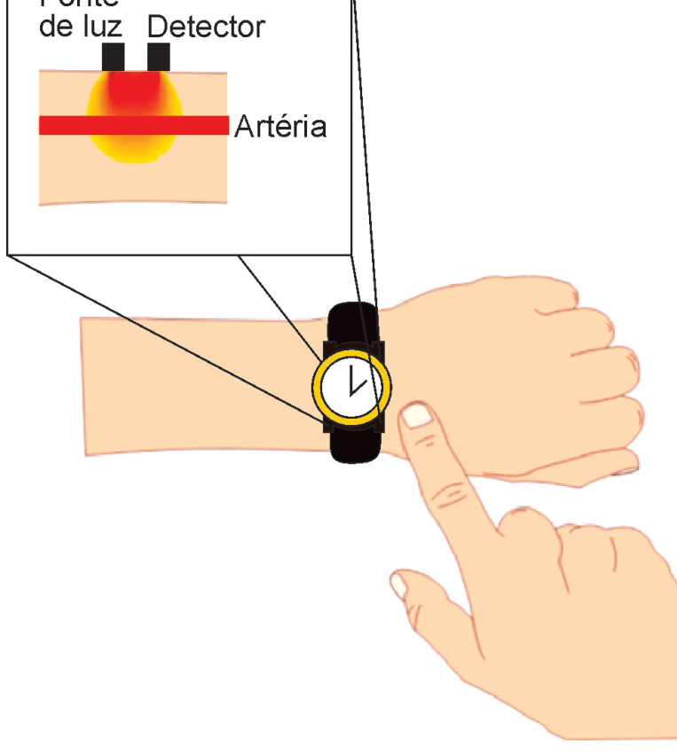 Esquema ilustrando o uso de um relógio inteligente com sensor de fotopletismografia no pulso. Em destaque ampliado, o sensor posicionado sobre a pele com uma fonte de luz e um detector, mostrando a emissão de luz atravessando a camada tecidual e uma artéria.
