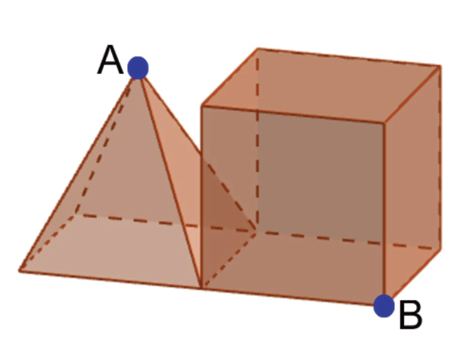 Pirâmide e cubo unidos por uma aresta inferior da base, com vértice do topo da pirâmide rotulado como A e vértice frontal direito da base do cubo rotulado como B