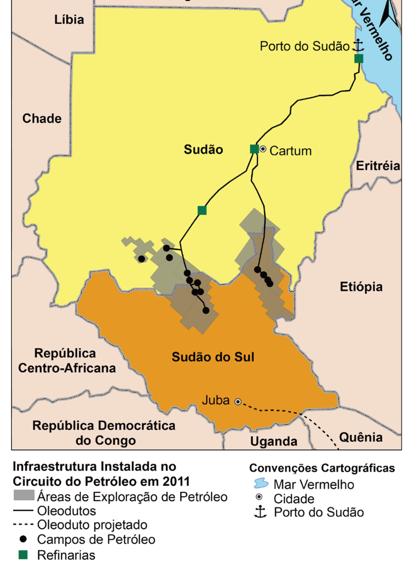 Mapa da "Infraestrutura Instalada no Circuito do Petróleo em 2011" entre o Sudão e o Sudão do Sul, indicando os países vizinhos (Líbia, Chade, República Centro-Africana, República Democrática do Congo, Uganda, Quênia, Etiópia e Eritreia) e o Mar Vermelho a nordeste. Destacam-se as áreas de exploração de petróleo e campos de petróleo ao longo da faixa de fronteira entre os dois países, os oleodutos existentes que ligam esses campos a Cartum e ao Porto do Sudão (com refinarias no trajeto), e um oleoduto projetado conectando Juba a Uganda e Quênia.