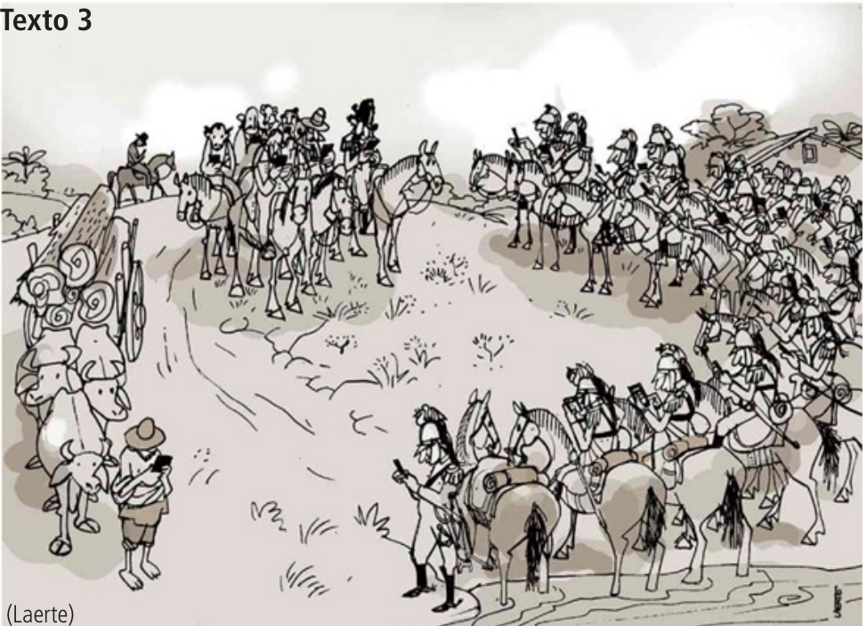 Charge identificada no alto como “Texto 3”, que recria a disposição dos personagens do quadro Independência ou Morte. À esquerda, há bois, um carro carregado de troncos e um homem de chapéu olhando para um celular. No centro e à direita, grupos de homens montados a cavalo, em uniformes e chapéus, também olham para celulares que seguram nas mãos. Um soldado a pé, no primeiro plano, olha para seu aparelho. A paisagem apresenta chão irregular, vegetação, uma construção ao fundo e nuvens. No canto inferior esquerdo, lê-se “(Laerte)”.