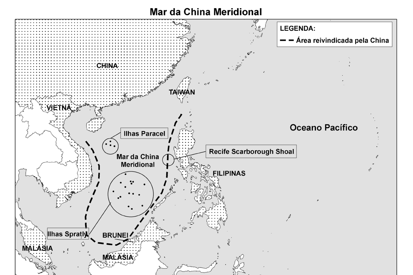Mapa intitulado "Mar da China Meridional", destacando a costa da China, Taiwan, Vietnã, Filipinas, Brunei e Malásia. Uma linha tracejada preta indica a "Área reivindicada pela China" no Mar da China Meridional, englobando as Ilhas Paracel, o Recife Scarborough Shoal e as Ilhas Spratly. Ao leste, localiza-se o Oceano Pacífico.
