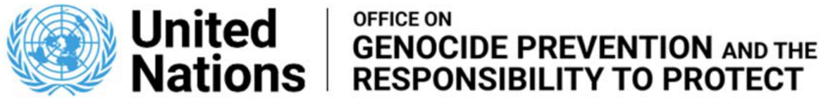 Logotipo da ONU acompanhado do texto "United Nations | OFFICE ON GENOCIDE PREVENTION AND THE RESPONSIBILITY TO PROTECT"