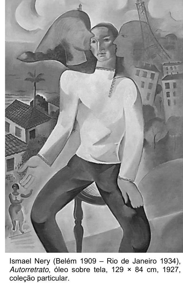 Pintura a óleo sobre tela intitulada Autorretrato (1927), de Ismael Nery, retratando uma figura humana estilizada em primeiro plano com sobreposição de rostos de perfil, tendo ao fundo uma paisagem com elementos urbanos, construções históricas, torre metálica e vegetação litorânea.