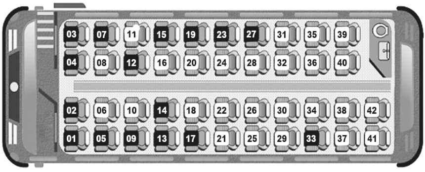 Esquema do interior de um ônibus visto de cima mostrando a disposição de 42 assentos numerados de 01 a 42. Dezesseis assentos estão destacados com fundo escuro (01, 02, 03, 04, 05, 07, 09, 12, 13, 14, 15, 17, 19, 23, 27 e 33), representando os assentos vendidos, enquanto os demais têm fundo claro, representando os disponíveis.