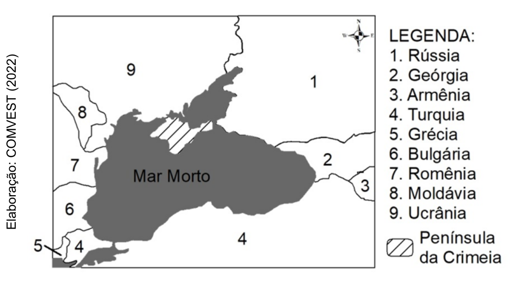 Mapa esquemático da região em torno do corpo d'água central (rotulado erroneamente como "Mar Morto"), mostrando países numerados de 1 a 9 e hachurada a Península da Crimeia. Legenda: 1. Rússia, 2. Geórgia, 3. Armênia, 4. Turquia, 5. Grécia, 6. Bulgária, 7. Romênia, 8. Moldávia, 9. Ucrânia.