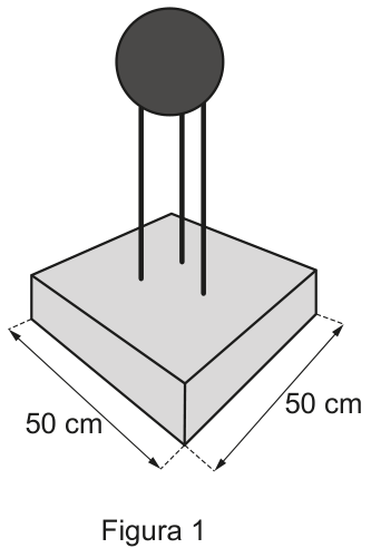 F1 Figura 1: troféu composto por base retangular de 50 cm por 50 cm com três hastes verticais que sustentam uma esfera no topo.