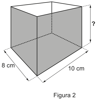 F2 Figura 2: caixa de vidro em formato de paralelepípedo reto-retângulo com base de dimensões 8 cm por 10 cm e altura indicada por um ponto de interrogação.