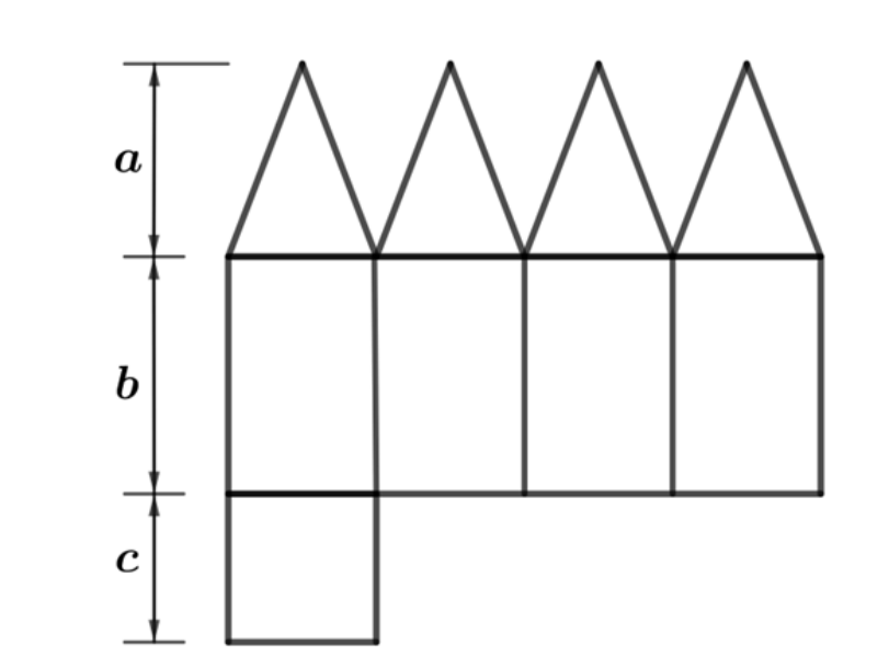 Planificação de um poliedro composta por quatro triângulos congruentes no topo, quatro retângulos congruentes enfileirados no meio e uma base quadrada abaixo de um dos retângulos, com as dimensões verticais a, b e c indicadas à esquerda.