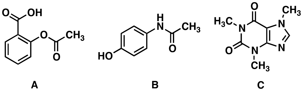 Fórmulas estruturais planas de três princípios ativos: composto A (ácido acetilsalicílico), composto B (paracetamol) e composto C (cafeína).