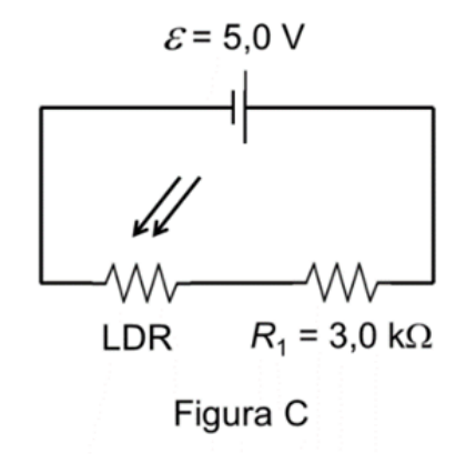 Figura C: Diagrama de circuito elétrico simples contendo em série uma fonte de tensão contínua , um resistor LDR e um resistor de resistência .
