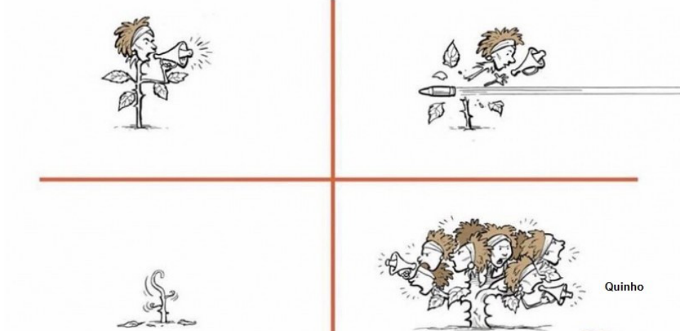 Charge de Quinho em quatro quadrantes: no primeiro, uma planta com o rosto de Marielle Franco grita em um megafone; no segundo, um projétil atinge o caule da planta, despedaçando-a; no terceiro, resta apenas a base do caule rente ao chão; no quarto, surgem múltiplos ramos com várias figuras semelhantes a Marielle, todas empunhando megafones e gritando juntas.