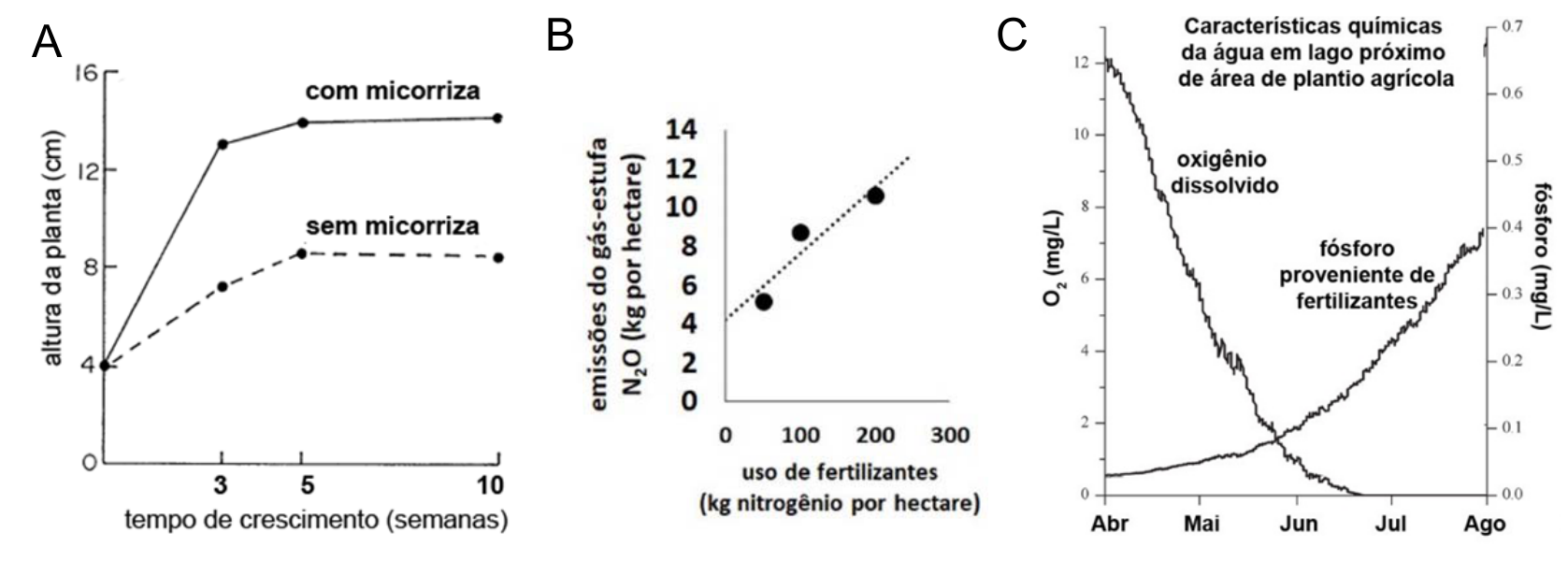 Três gráficos: A) Altura da planta (cm) em função do tempo de crescimento (semanas) para plantas com micorriza e sem micorriza; B) Emissões do gás-estufa N₂O (kg por hectare) em relação ao uso de fertilizantes (kg nitrogênio por hectare); C) Gráfico com as características químicas da água em lago próximo de área de plantio agrícola, mostrando a concentração de oxigênio dissolvido e fósforo proveniente de fertilizantes entre abril e agosto.