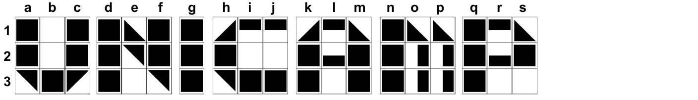 Grade de 3 linhas por 19 colunas (a a s) formando a palavra UNICAMP com pixels pretos, brancos e triangulares