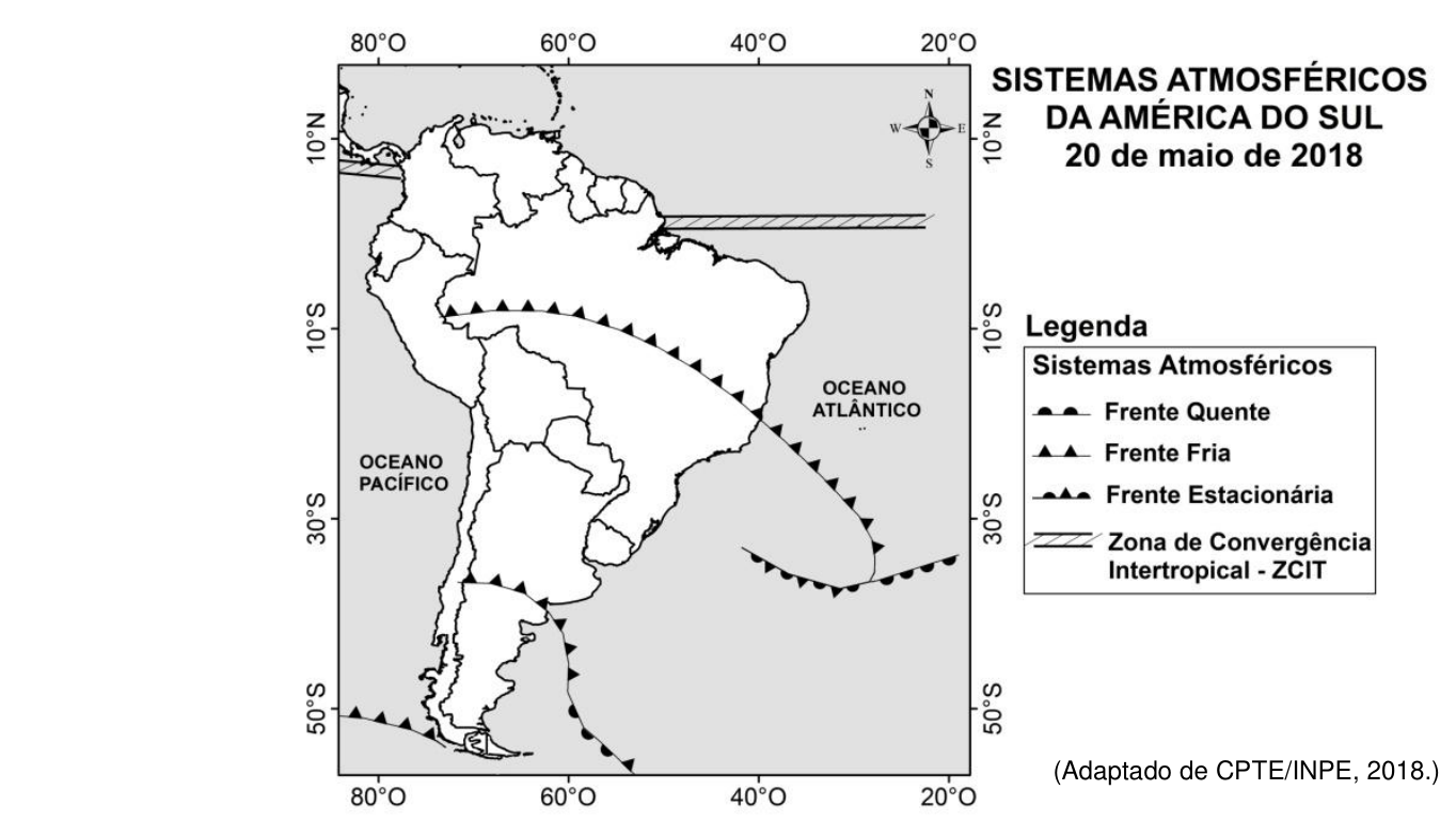 Mapa dos Sistemas Atmosféricos da América do Sul em 20 de maio de 2018, indicando a atuação de frentes frias avançando pelo continente até a Região Norte do Brasil e a posição da Zona de Convergência Intertropical (ZCIT).