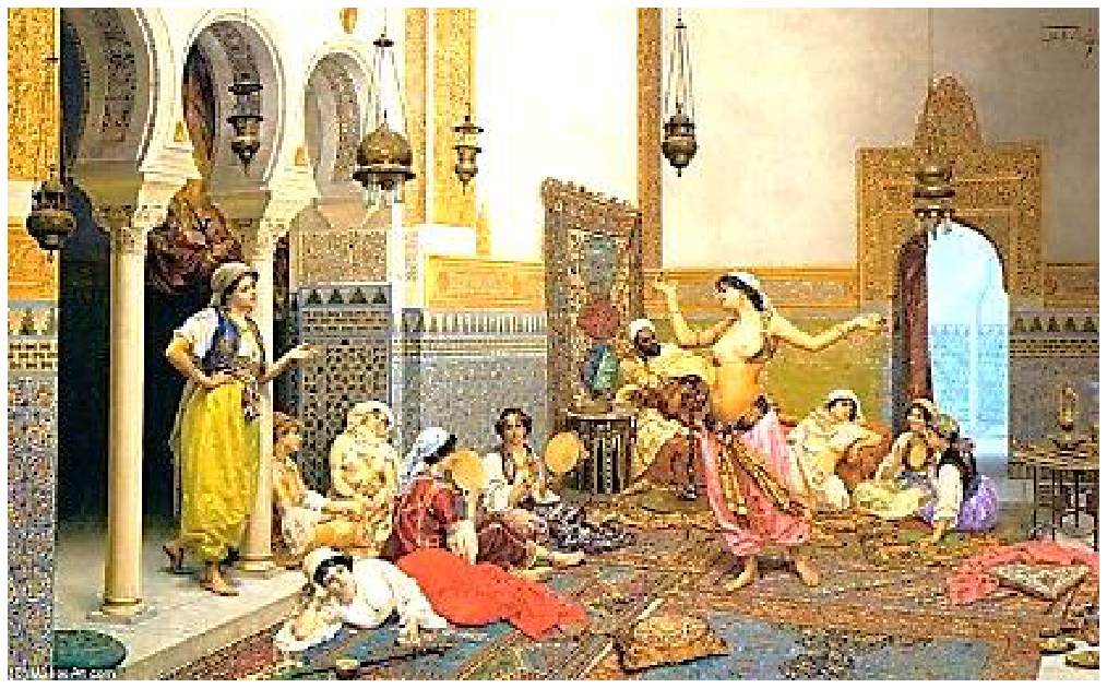 Pintura a óleo representando o interior de um harém ricamente ornamentado com arquitetura islâmica/mourisca, mosaicos, arcos e luminárias suspensas. Ao centro, uma dançarina com o torso parcialmente desnudo executa passos de dança, observada por várias mulheres sentadas ao chão em tapetes orientais tocando pandeiros ou conversando, além de uma figura masculina ao fundo.