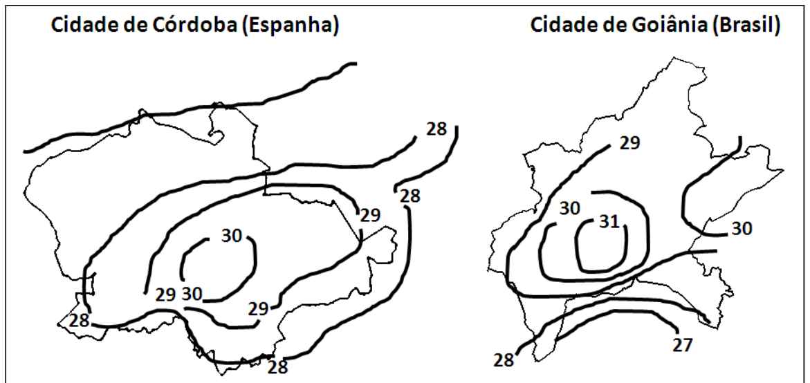 Mapas com isotermas térmicas das cidades de Córdoba (Espanha) e Goiânia (Brasil), mostrando temperaturas crescentes em direção ao centro urbano (28, 29 e 30 em Córdoba; 27, 28, 29, 30 e 31 em Goiânia).