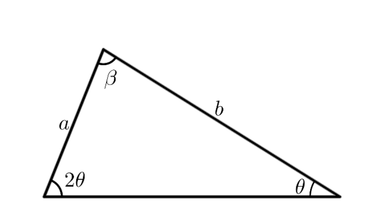 Triângulo com vértices tendo ângulos internos ,  e , e lados opostos de medidas ,  (base) e , respectivamente.