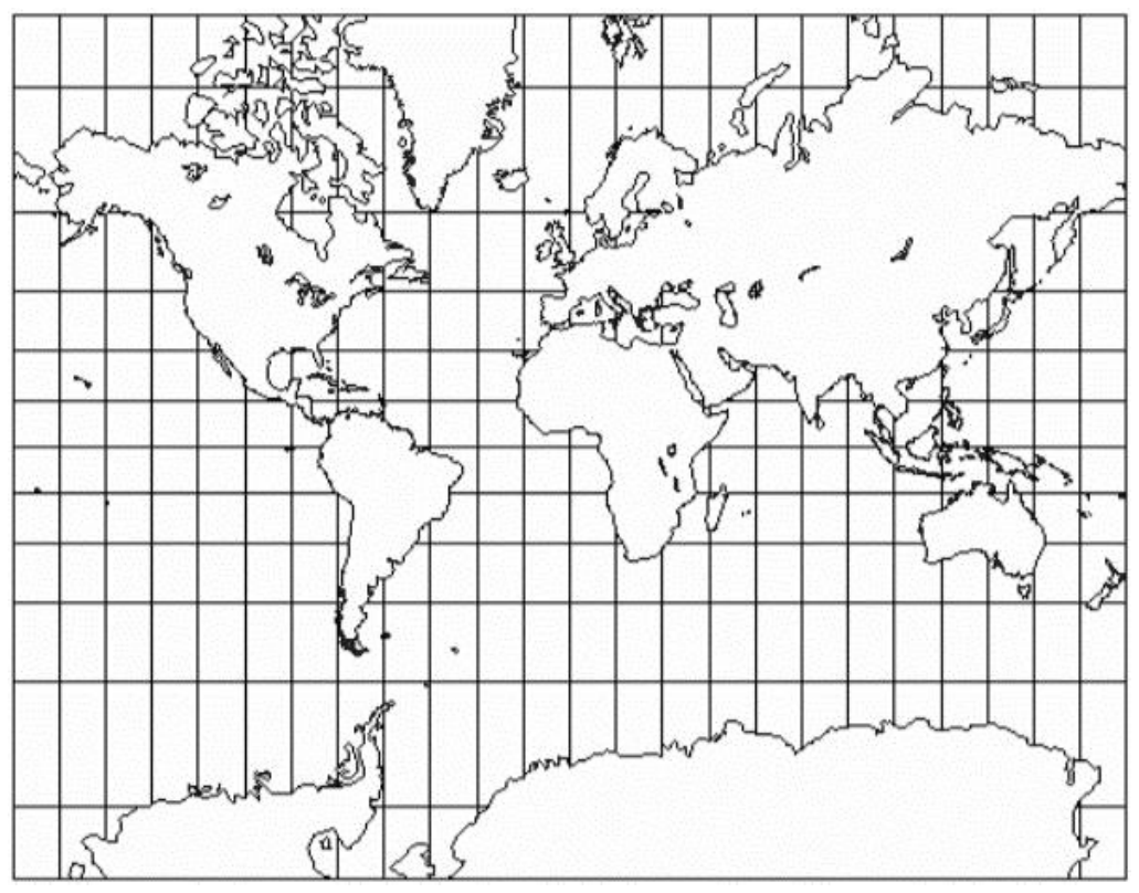 Mapa-múndi em projeção cilíndrica com linhas de paralelos e meridianos formando ângulos retos.
